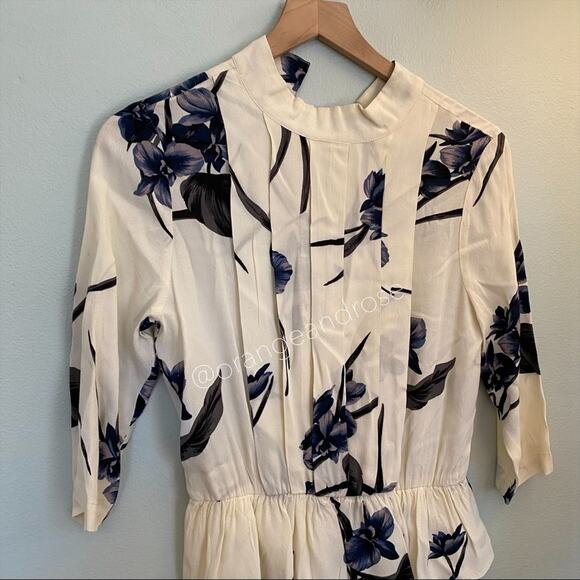 GANNI Ivory Flash Dark Floral Pleated Front High Neck Elbow Length Mini Dress XS - Picture 11 of 12